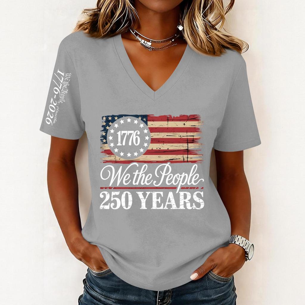 Women’s Fashion Casual Short Sleeve V Neck Pullover Top with 1776 and We the People 250 Years Graphic Print for Everyday Wear