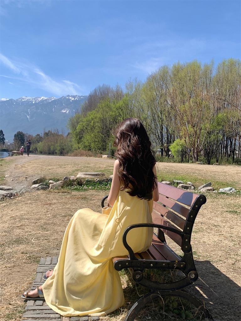 French yellow suspender dress women's clothing summer seaside vacation style wear skirt loose A-shaped skirt long skirt