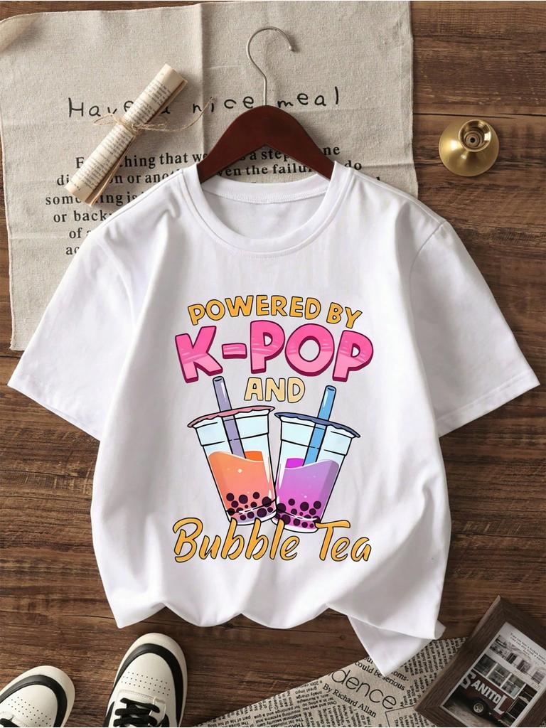 Summer Casual Printed Short-Sleeve T-Shirt Top, Cartoon Letter And Bubble Tea Pattern Apparel, Comfortable And Cute Round-Neck Outdoor T-Shirt, Powere