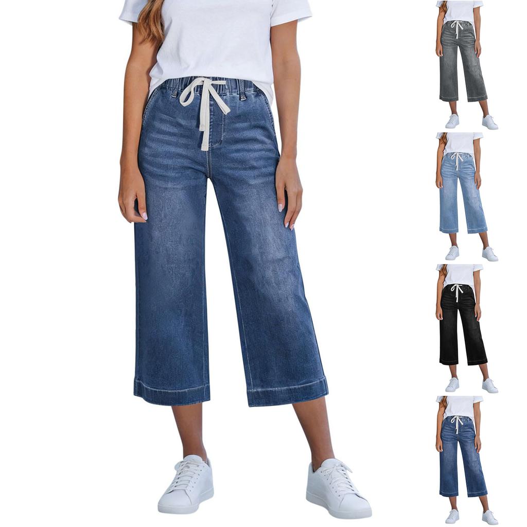 Women's Loose Fit Straight Leg Denim Jeans with Elastic Waistband and Drawstring Casual Seven Quarter Length Pants for Everyday Wear