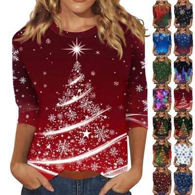 Women's Fashionable And Casual Three-quarter Sleeve Christmas Printed Round-neck Top