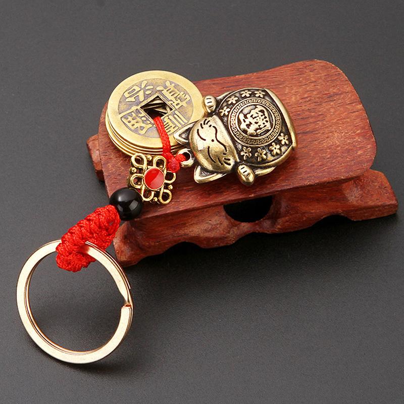 Lucky Cat Five Emperors Money Keychain Feng Shui Coins Solid Lucky Car Key Rings