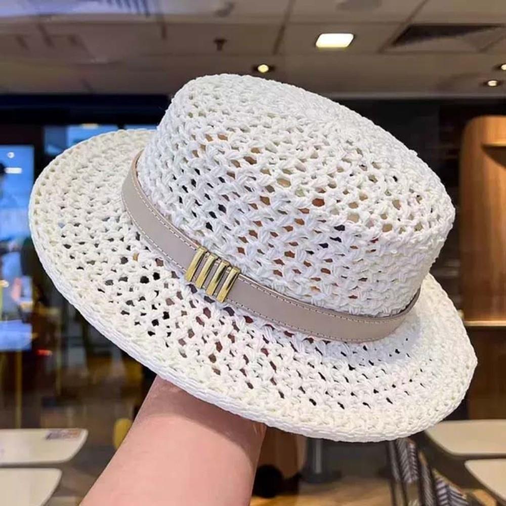 Sun Protection Handwoven Sun Cap Breathable Mesh Flat Top Beach Hat Casual Daily Outing