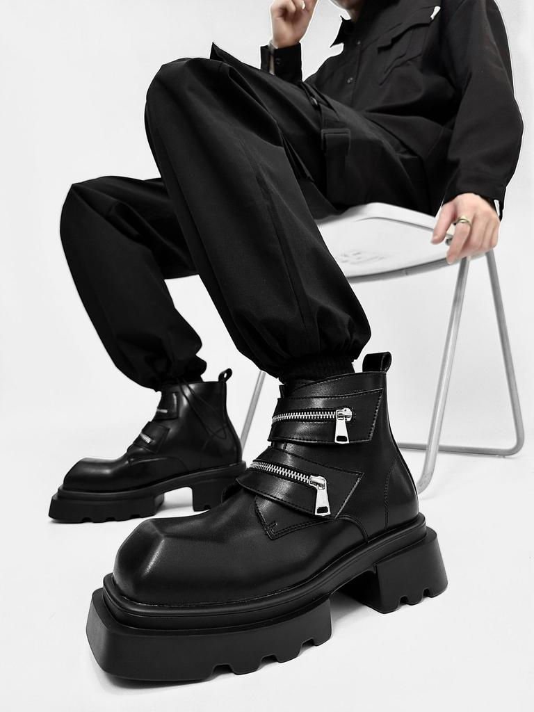 Niche square head cigarette tube Martin boots men's high-end sense muffin platform Chelsea boots hairstylist high-top derby leather shoes