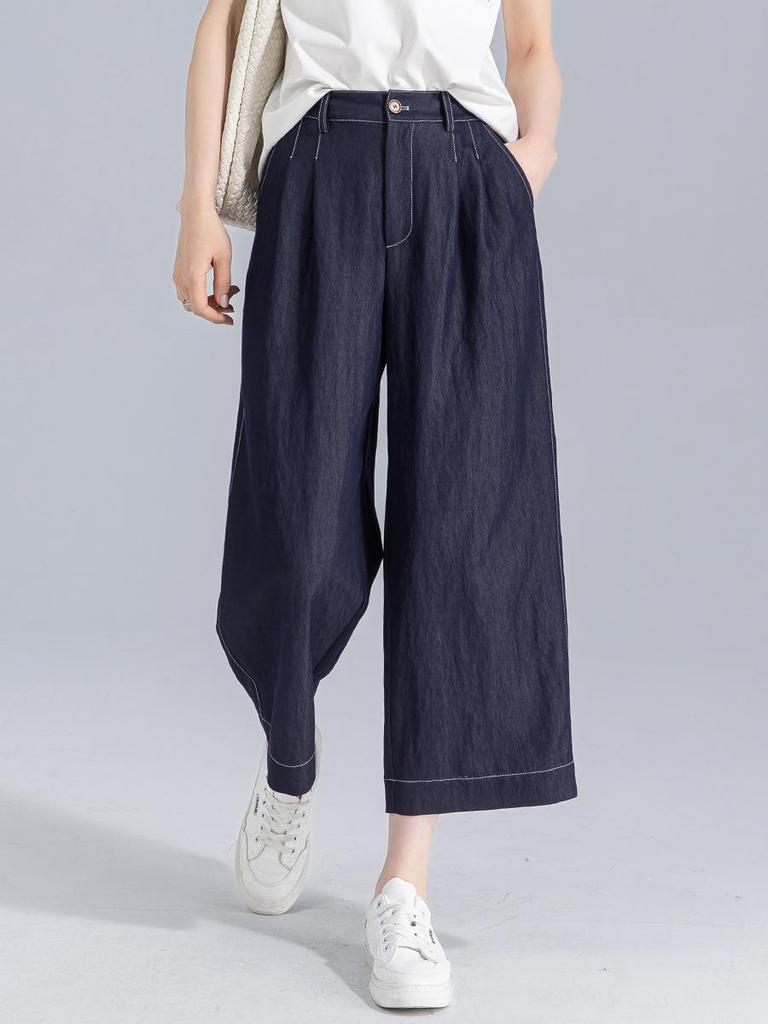 Guangmei Summer Faux Denim Women's Wide-Leg Cropped Pants - Lazy Style in Denim Blue