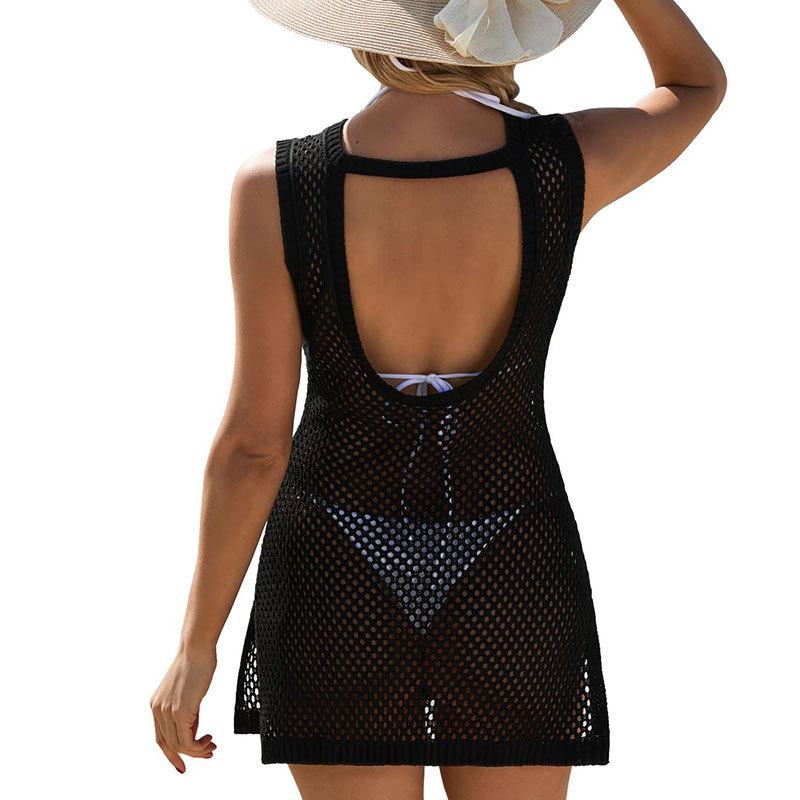 Women's Crew Neck Sleeveless Crochet Knit Mini Dress Loose Fit High Waist Beach Cover Up Dress
