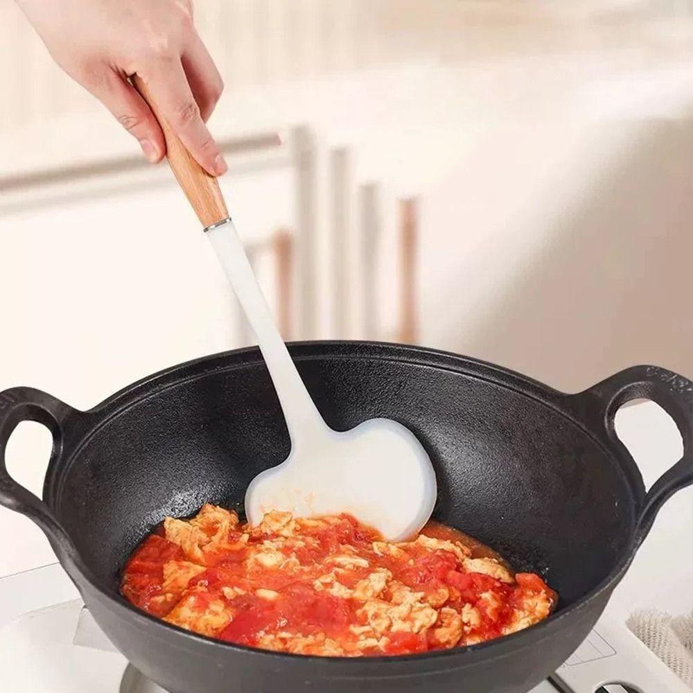 Silicone Kitchen Stir Fry Spoon Wooden Handle Cooking Spatula  Kitchen Tool Cooking Accessories