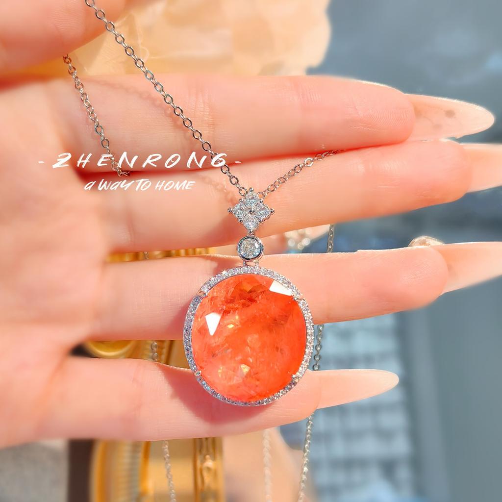Female Red/Orange Stone Big Round Pendant Necklaces For Women copper Color Metal Zircon Necklace Wedding Bridal Zircon