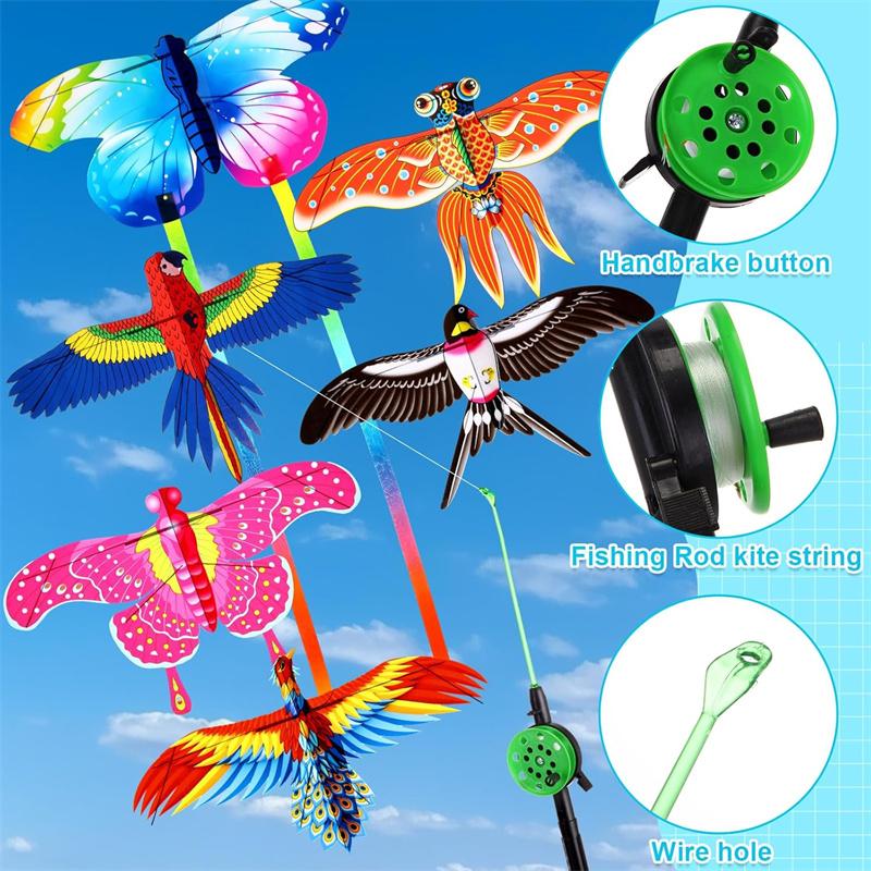 Mini Fishing Rod Kite For Kids Vivid Butterfly Swallow Parrot Easy To Fly Family In Spring Outdoor Fun Sports Toys Kites