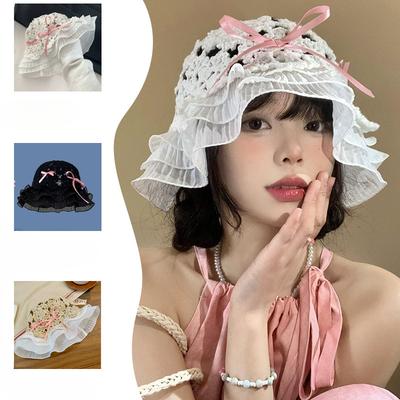 Knitted Hollow Bow Fisherman Hat Women Sun Protection Face Small Lace Basin Hat Japanese Big Head Hat Trendy