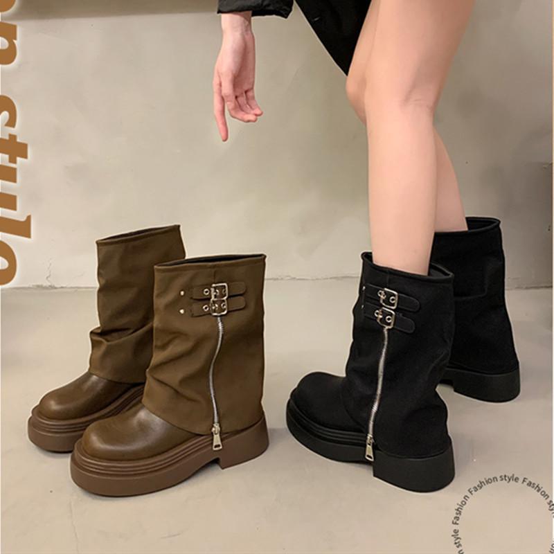 Fashion Thick Bottom Platform Boots Women 2024 New Pantyhose Cowboy Boots Zip Belt Buckle Design Boots for Women PU Leather Ankle Boots