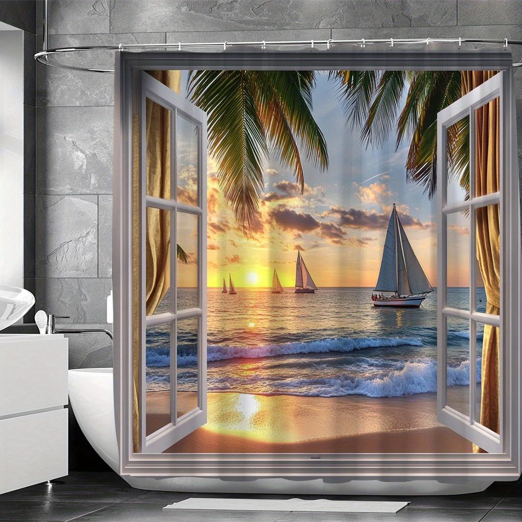 1 Tropical Beach View Shower Curtain - Polyester with Hooks, Sunset Sailboat and Palm Tree Design, Four Seasons Bathroom Decor