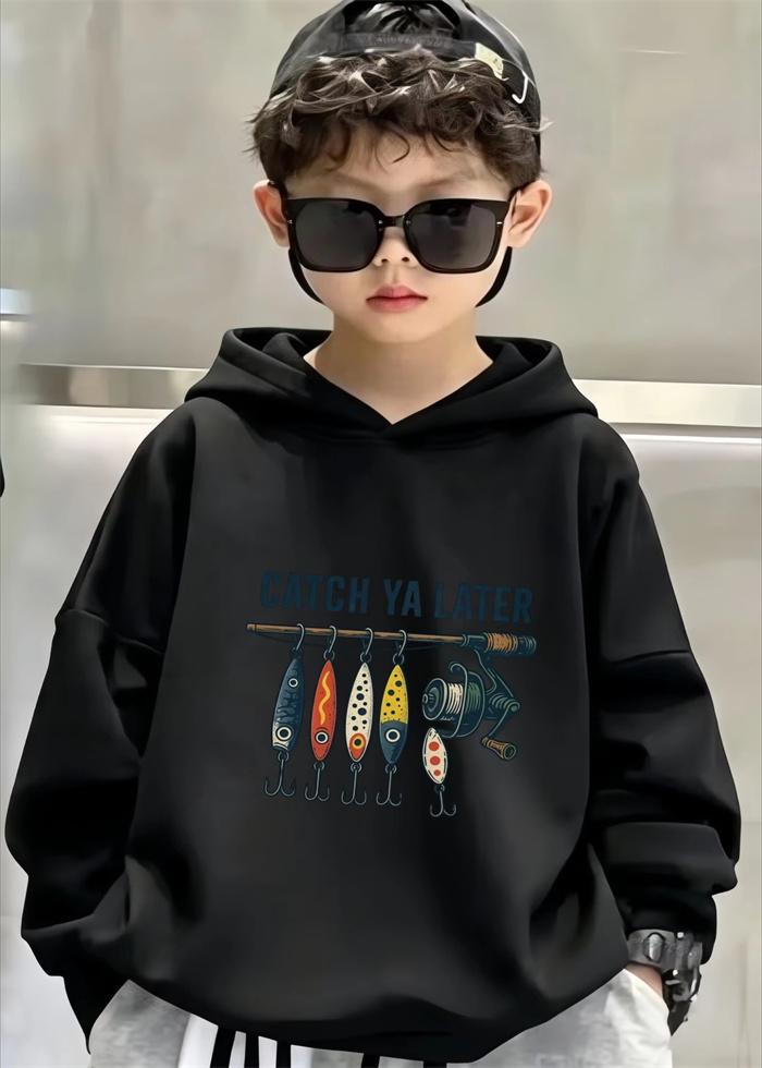 Fall/Winter Retro Fishing Bait Pattern "See You Later" Children's Hooded Sweatshirt Loose and Comfortable Warm Hooded Shirt