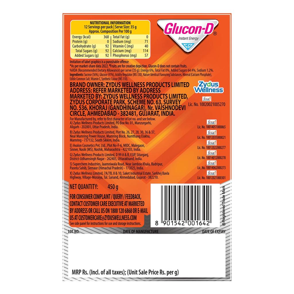 Glucon-D Instant Energy Drink Pulver Nachfüllpackung 450 g | Energie, Erholung, Immunität | Spritzige Orange