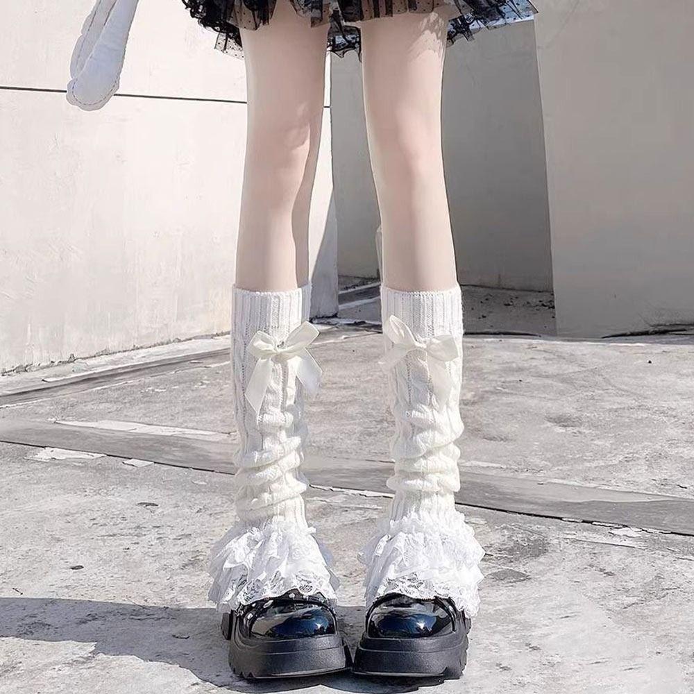 Lace Trim Knitted Leg Warmer Warm Knitted Fabric Bow Tiered Socks Japanese Style