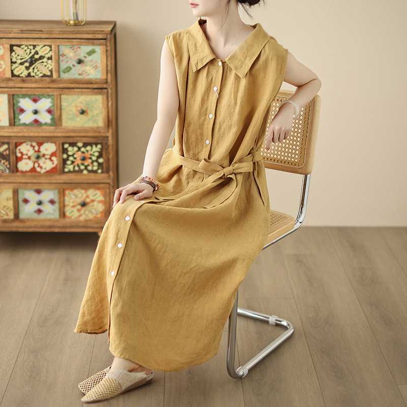 

Зеленое платье-рубашка без рукавов женское летнее с новым чувством дизайна, свободное и тонкое, на шнуровке, с темпераментом, длинная юбка M жёлтый