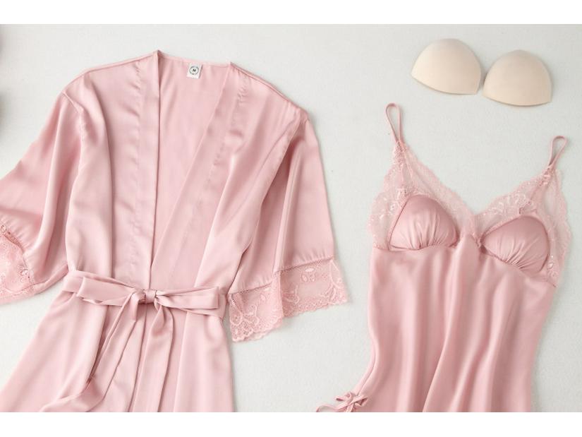 Sexy Pure Desire Lace Pajama Set: Solid Color Slip Dress with Tie-Up Morning Robe