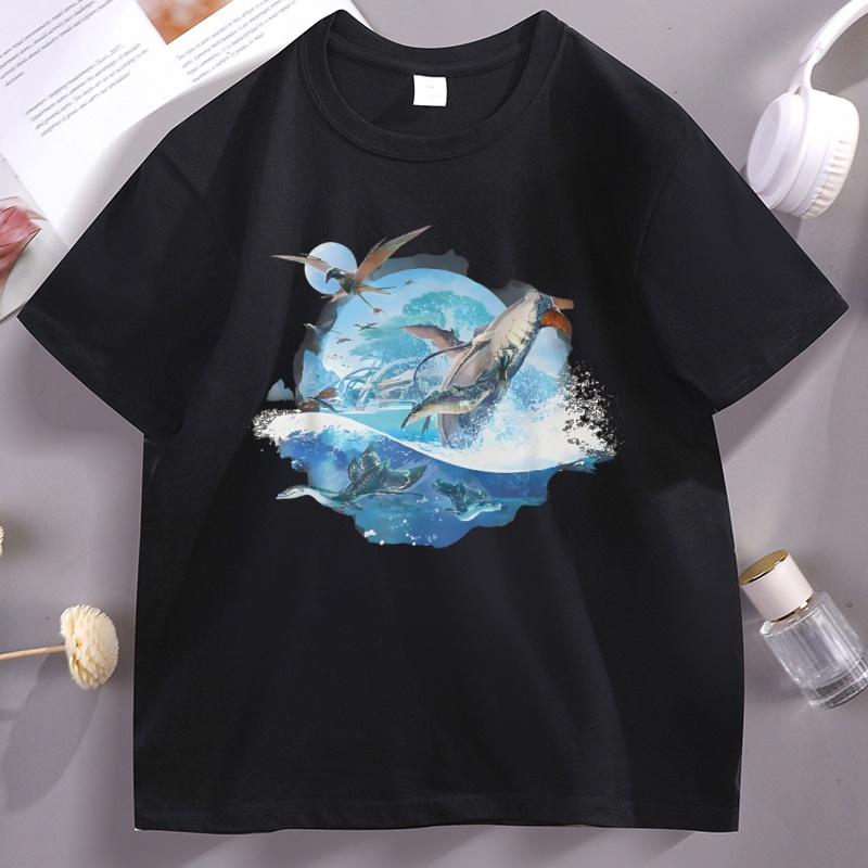 Fantasy Pterosaur T-shirt Women Men Summer Ocean Wave Graphic Loose O-neck Short Sleeve Prehistoric