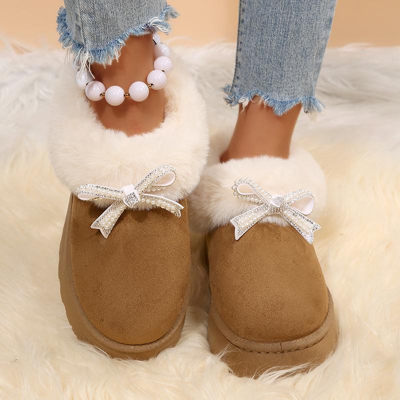 Crystal Bowknot Faux Fur Snow Boots Women Winter Warm Thicken Plush Platform Ankle Boots Woman Non Slip Thick Sole Cotton Shoes