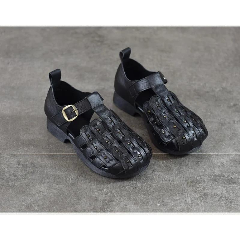 Johnature Genuine Leather Round Toe Soft Soled Sandals Hollow Out Breathable Low Heel Women's Shoes