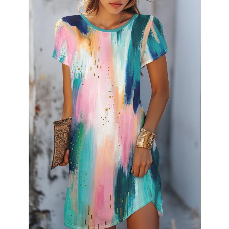 Summer Short Sleeved Dress Loose Casual Plus Size Dress Flower Print Dress Mini Skirt