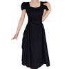 Summer Korean version of temperament pleated bubble sleeves square neck dress women's fashion French waist and thin A word medium and long dress
