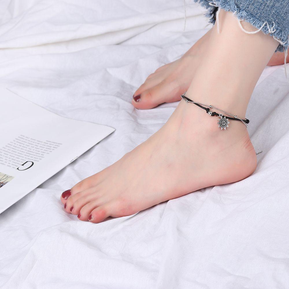 Vintage Bohemian Leather Women Summer Beach Sun Pendant Anklets Foot Chain Beads Charm