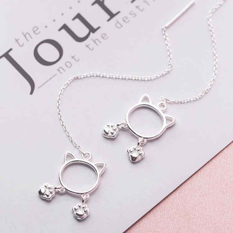 

CIAXY Silver Color Hollow Cat Earrings for Women Sweet Girl Temperament Long Ear Line 2021 Summer Korean Cute Jewelry CIA689
