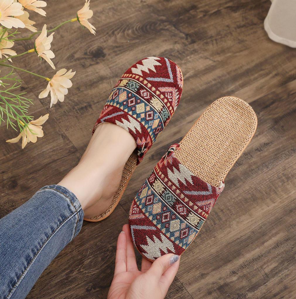 Women's Ethnic Diamond Pattern Cotton-Linen Headscarf Slippers - Large Size, Comfortable Home Footwear