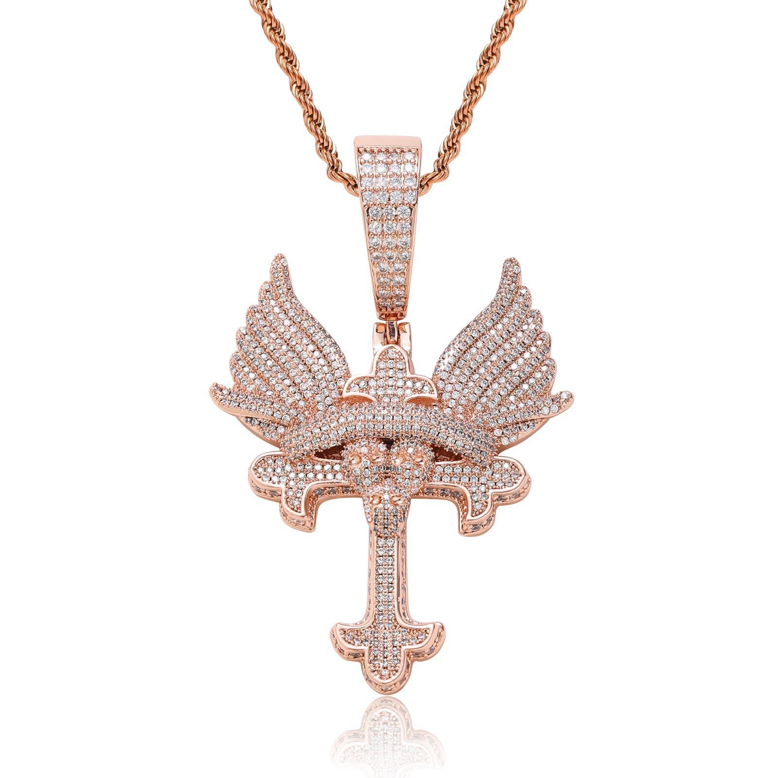 Sparkling Iced Out CZ Wing Pendant Bling Chain Necklace Men Hip Hop Solid Retro Design Luxury Statement Fashion Jewelry Free 3mm*60cm Stainless Steel Twisted Chain розового золота