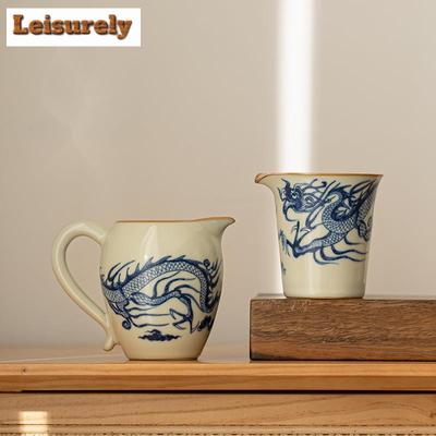 Brocca da tè in porcellana Ru Kiln fatta a mano, motivo drago blu e bianco, tazza equa Cha Hai, tazza della giustizia, servizi da tè, forniture per l'artigianato
