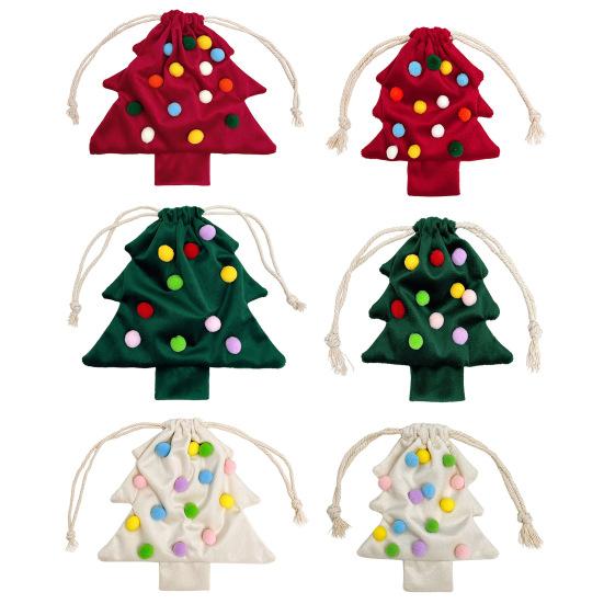 Christmas Tree Hanging Ornaments Drawstring Gift Bag, Plush Pom Bell Small Trinket Bags with Ornament, Reusable Candy Pouch Decor for Holiday