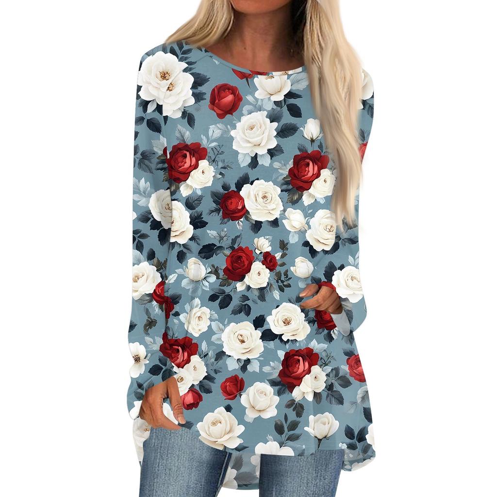 Women's Fashion Casual Long Sleeve Print Round Neck Pullover Top Blouse