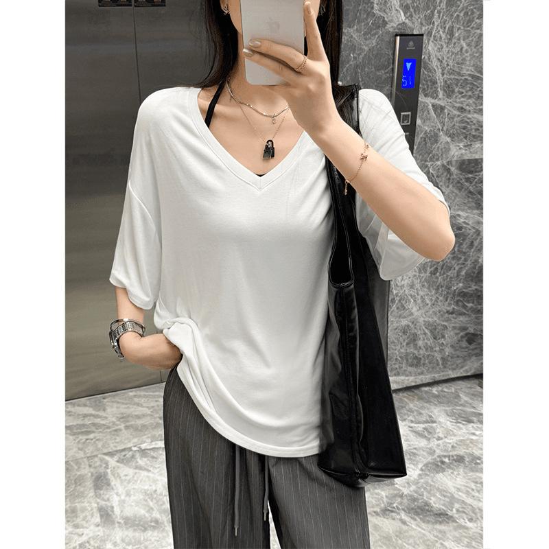 Lazy boyfriend style loose deep V-neck half-sleeved T-shirt women's summer casual medium and long large version versatile solid color top tide