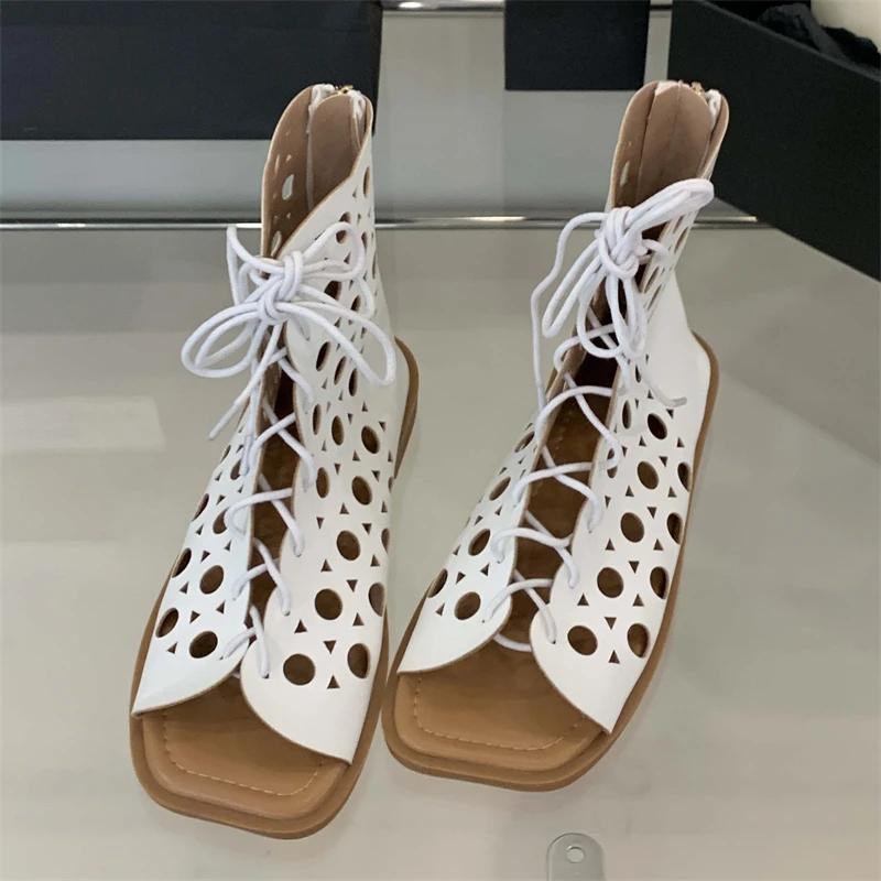 

Eilyken Design Hollow Out Flat Heels Boot Sandals Woman Summer Gladiator Peep Toe Zipper Party Dress Shoes 39 білий
