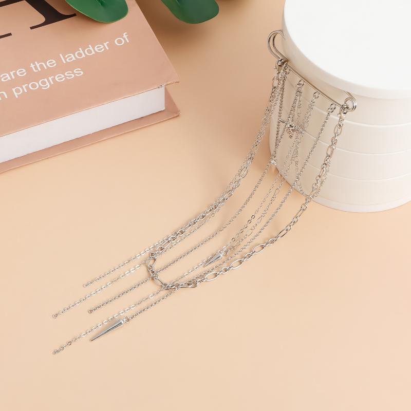 2-In-1 Gothic Safety Pin Necklace Brooch Punk Tassel Chain Brooch Statement Jewelry Gift