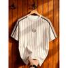 Summer Casual Striped Men's T-shirt with Shoulder Strips, Wheat Ears and Shield Print, Versatile Round Neck Short-sleeved Top
