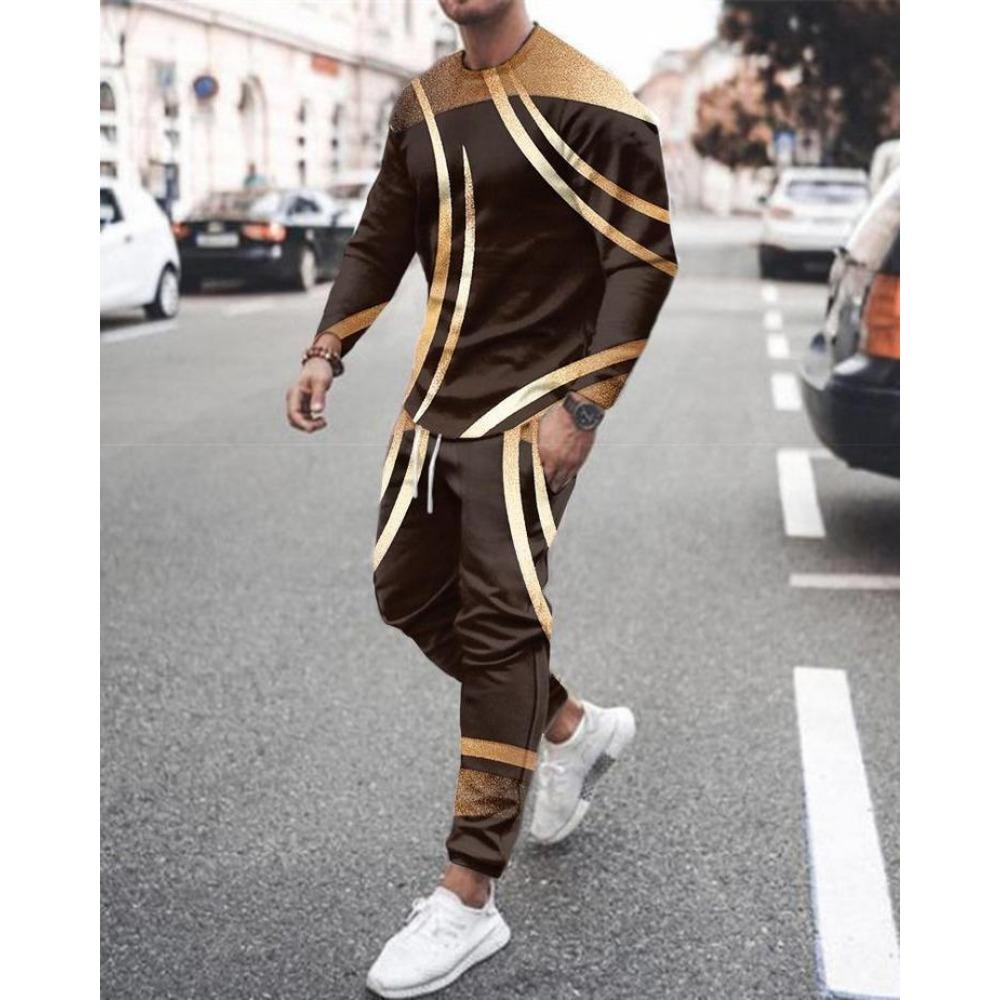 New Men's Long Sleeve T-Shirts Sets Abstract Pattern 3D Print Sports T-Shirt Pants Suit Fashion Tracksuit 2-Piece Jogger Outfits