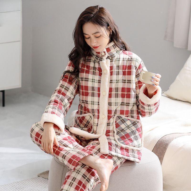 Bunda Pyžamo Dámské Zimní Třívrstvé Teplé Plyšové Zahuštěné Domácí Oblečení Neformální Středního Věku Mladé Pyžamo Set