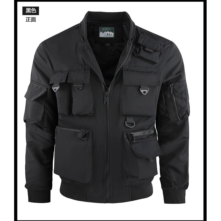 

Men s Military Green Multi-Pocket Utility Jacket with Stand Collar and Zipper Closure M чорний
