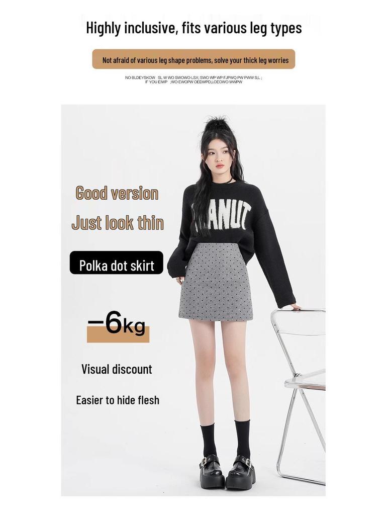 Women's High-Waisted Gray Polka Dot Woolen Half-Skirt - Slimming, Thickened, Petite Fit for Autumn/Winter 2025