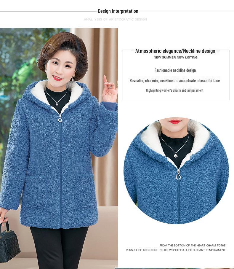 2025 Stylish Winter Coat for Middle-Aged Women: Plus Size, Hooded, Thickened Fleece Jacket with Velvet, Autumn/Winter