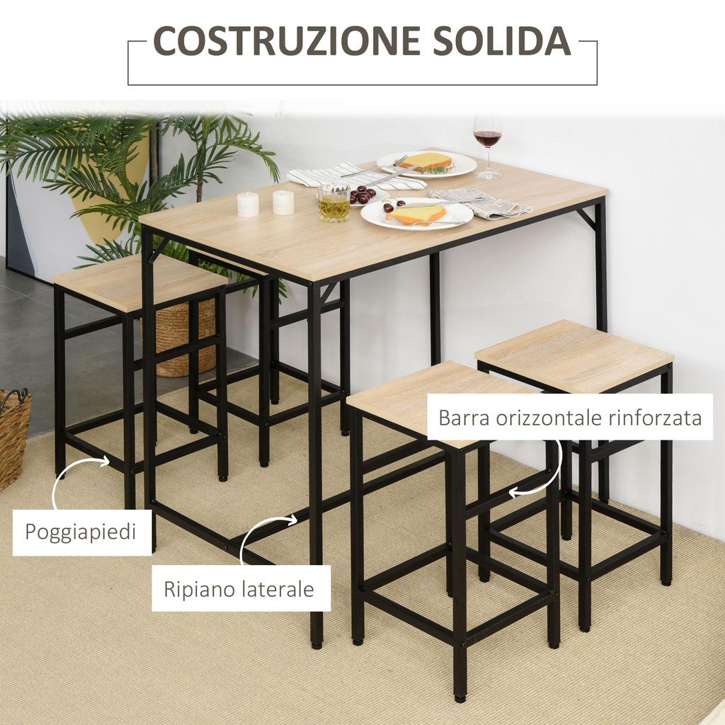 High Table Set with 4 Stools Industrial Style in Metal and Wood, Light Oak