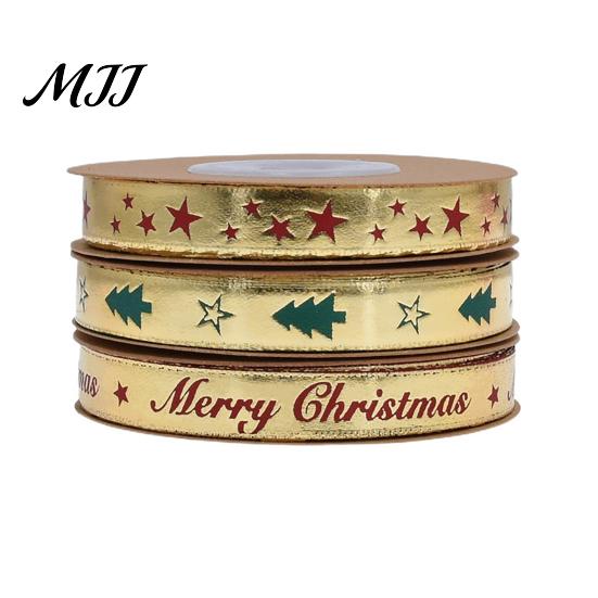 Metallic Christmas Tree Pattern Ribbon Gold Foil Ribbon, Merry Decorative Fabric Flexible for Holiday Crafts Gift Packing, Xmas Party Decorations