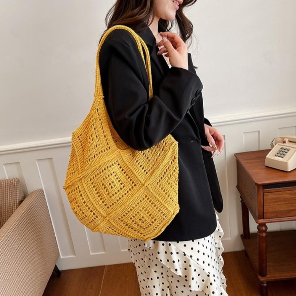New Checkered Pattern Beach Tote Bag Polyester Large Capacity Shoulder Bags Hollow Design Shopping Bag for Summer