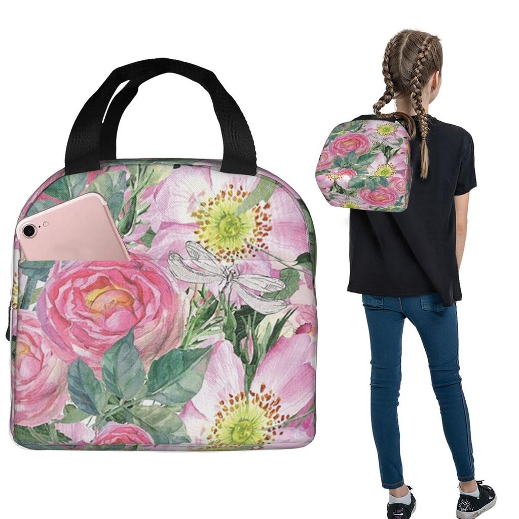 Pink Rose Botanical Garden Watercolor Insulated Lunch Bag for Women Children Portable Food Boxes Thermal Lunch Box Tote