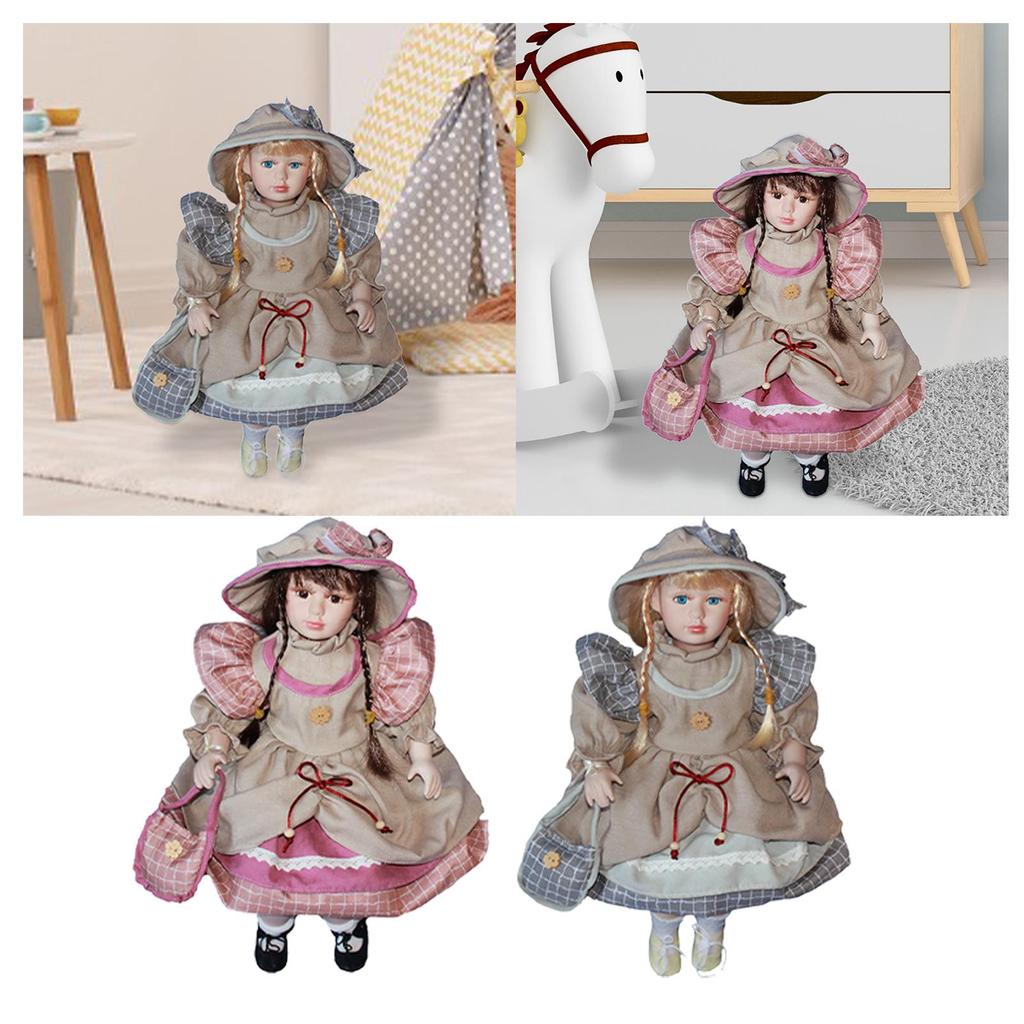 Ceramic Doll with Hat and Hair Glazed Makeup Face Elegant 17.72inch Collectibles Dress Up Porcelain Doll for Girls Birthday Gift
