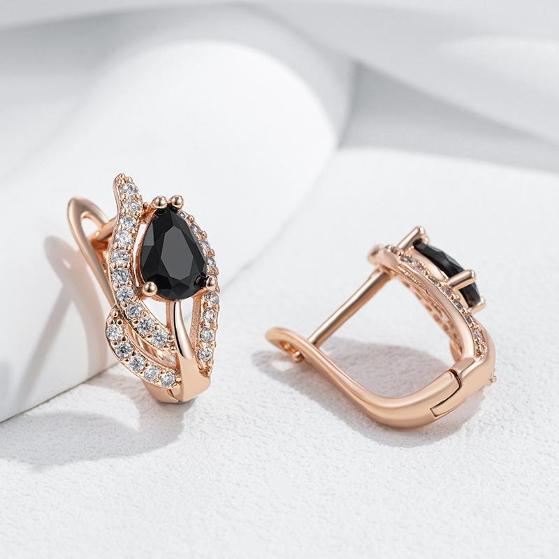 Vintage Black Stone Dangle Earrings For Women Luxury Rose Gold Color Natural Zircon Accessories Daily Fin Jewelry