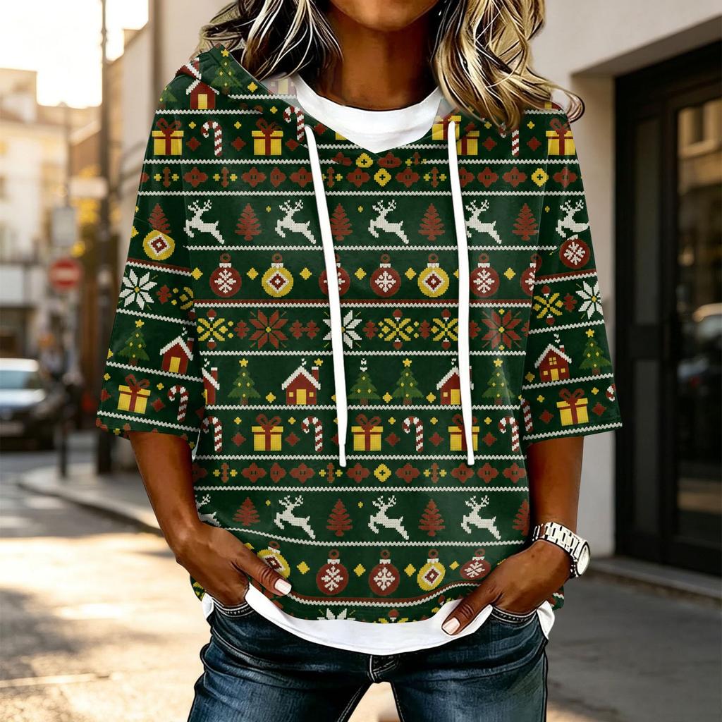 Women's Casual 3/4 Sleeve Hooded T-Shirt with Christmas Print
