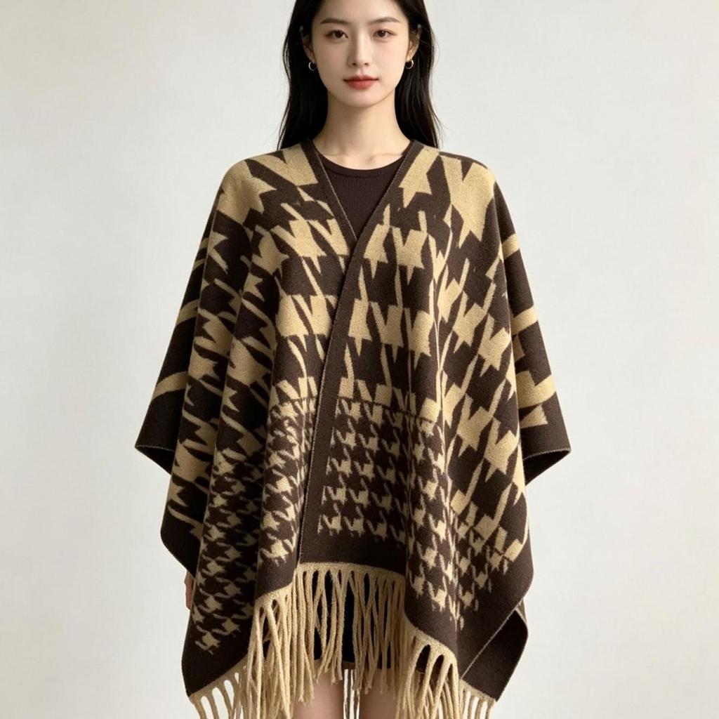 Trendy Imitation Cashmere Houndstooth Plaid Cape Scarf with Tassels for Autumn/Winter
